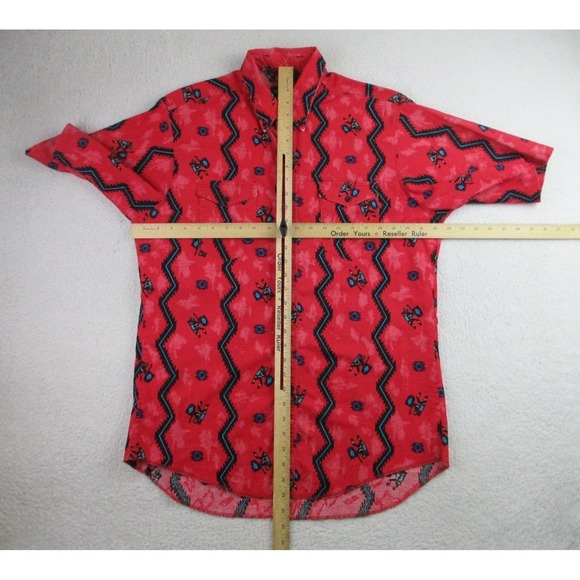 VTG Wrangler Shirt Mens Size 16 ½ Red Aztec AOP S/L Cowboy Cut X-Long Tails USA - Picture 6 of 10